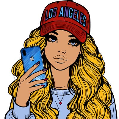 realistic beautiful girl wearing los ángeles cap holding an iphone