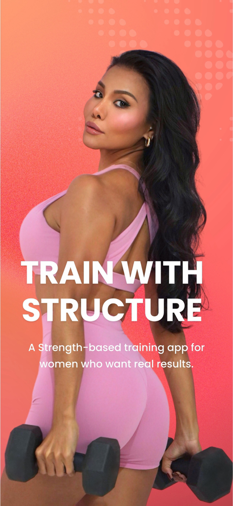 ELEV8 : Train with Structure - Una mujer con ropa de gimnasio rosa sosteniendo mancuernas para la aplicación de entrenamiento de fuerza ELEV8.