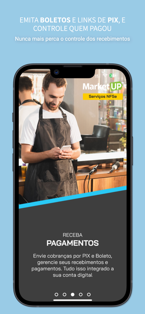 Nota Rápida - Nfse MEI Mobile - Un profesional utilizando la aplicación Nota Rápida para gestionar pagos de servicios a través de PIX y boletos bancarios