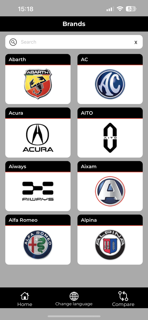 Eine Liste von Automarken-Logos, darunter Abarth Acura und Alfa Romeo in der Auto-Data App-Oberfläche