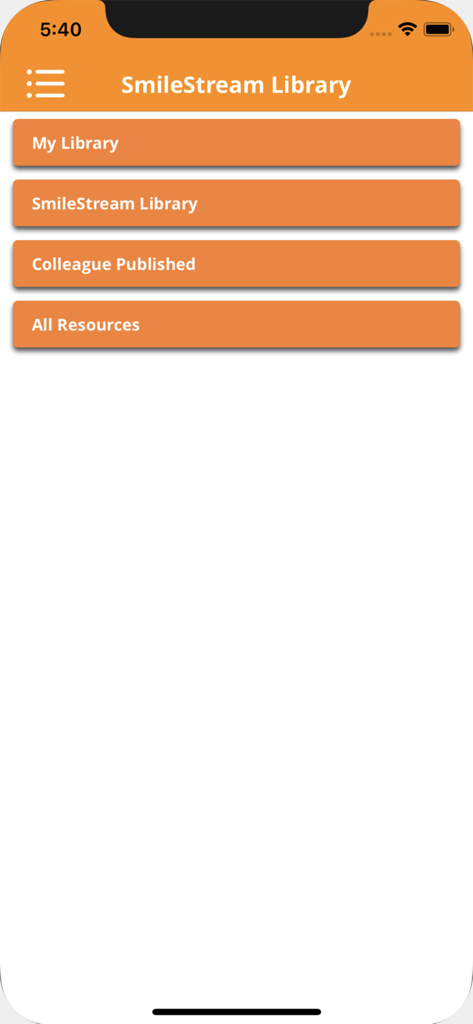SmileStream: Dentistry - Menú de la biblioteca de la aplicación SmileStream con opciones para recursos profesionales y colaboración clínica