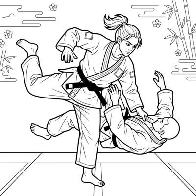 Unleash your inner artist with this captivating judoka coloring page, featuring a dynamic martial arts scene rendered in elegant minimalist line art. Perfect for those who appreciate both the discipline of judo and the calming joy of creative expression.