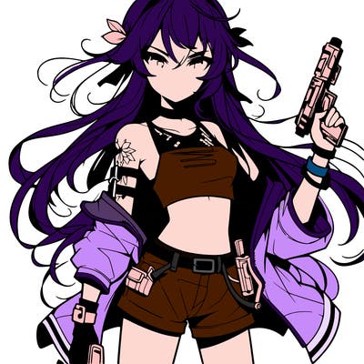bad girl wearing crop top holding a gun long hair anime