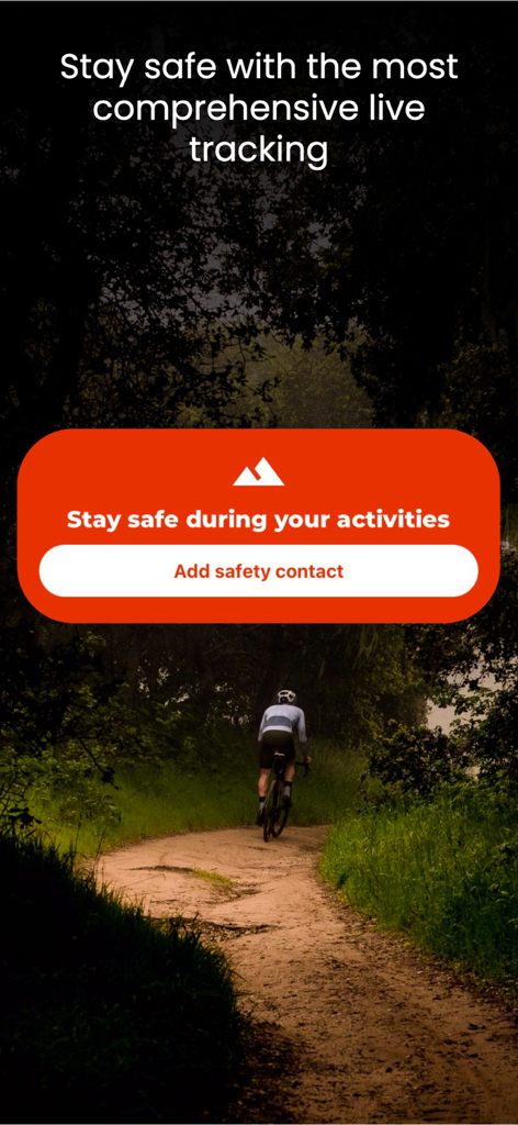 WHIP LIVE Moto, Bike, Trekking - Cycliste en plein air sur un sentier avec le suivi de sécurité WHIP LIVE et une invite d'ajout de contact de sécurité.