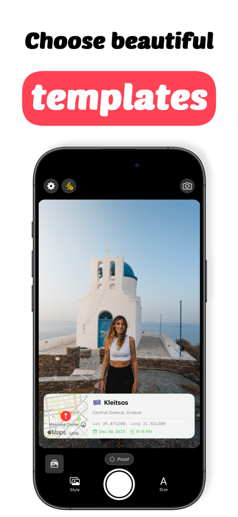 Smartphone screen showing a travel photo with a GPS location and map overlay