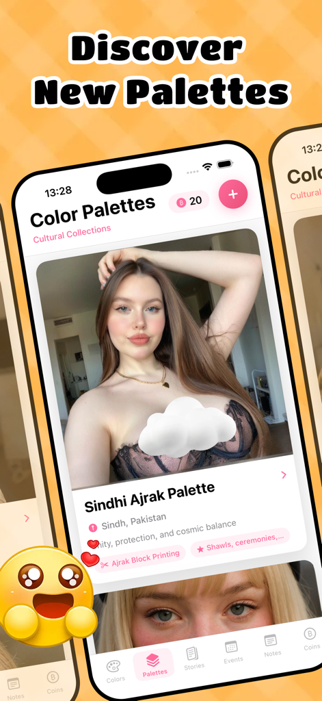 OMeet - Meet People Now & Chat - 文化的なカラーパレットと遺産の物語を示すOMeetアプリのモバイルインターフェース