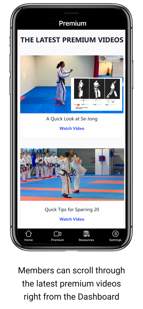 Tableau de bord de l'application TKD Coaching montrant une liste de vidéos d'entraînement premium de Taekwon-Do, y compris des conseils de combat et une analyse de poomse