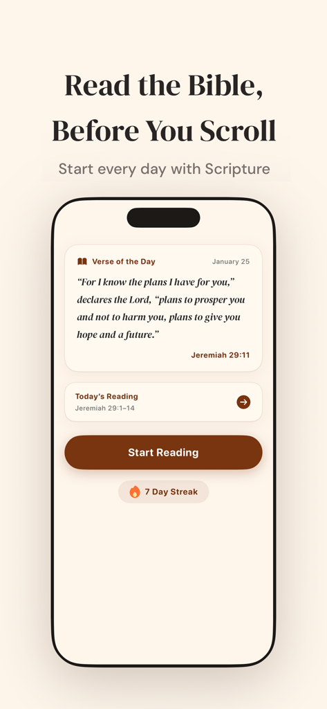 BibleScroll: Screen Time Faith - Mobile app interface for BibleScroll showing a daily bible verse from Jeremiah and a start reading button to improve digital wellbeing