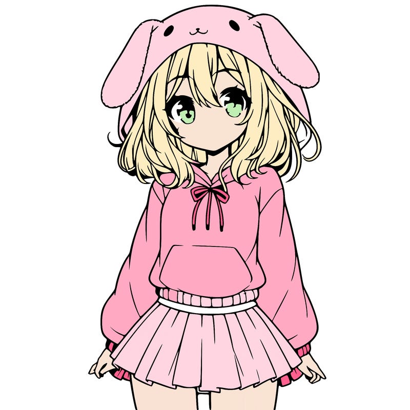 pretty anime girl wearing a fluffy hoodie with bunny ears on the hood and a skirt