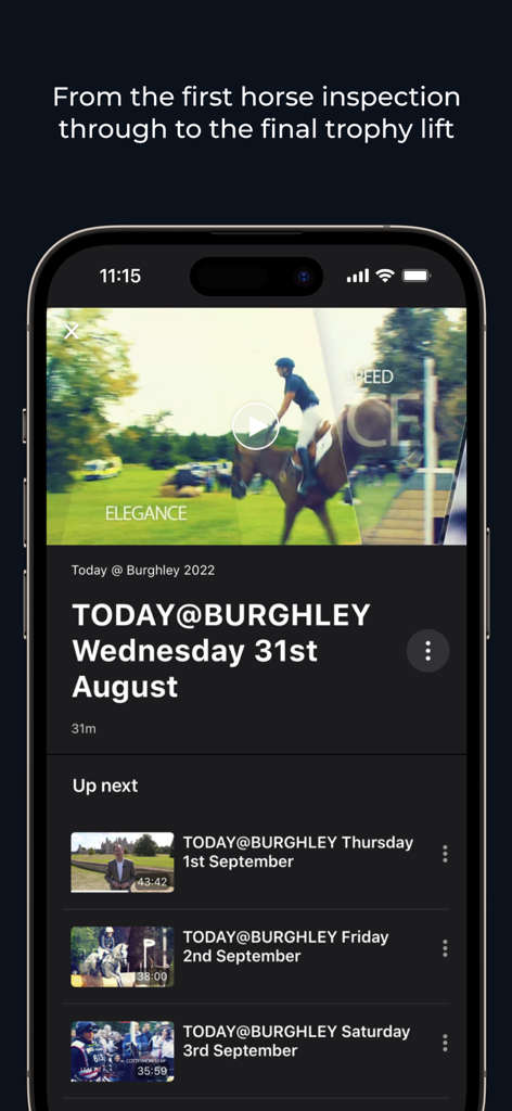 Burghley TV - Burghley TV app interface showing a list of daily equestrian highlights videos and playback screen