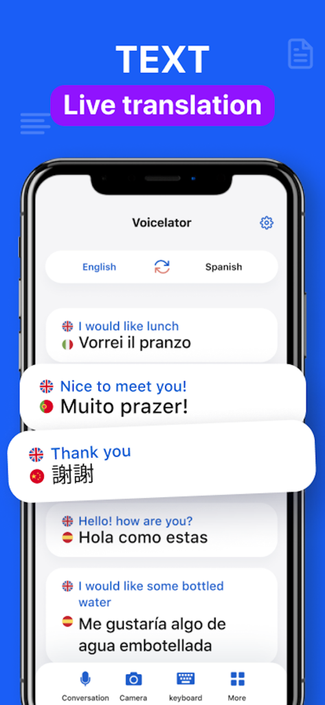 Interfaccia dell'app mobile Voicelator che mostra traduzioni testuali dal vivo in più lingue
