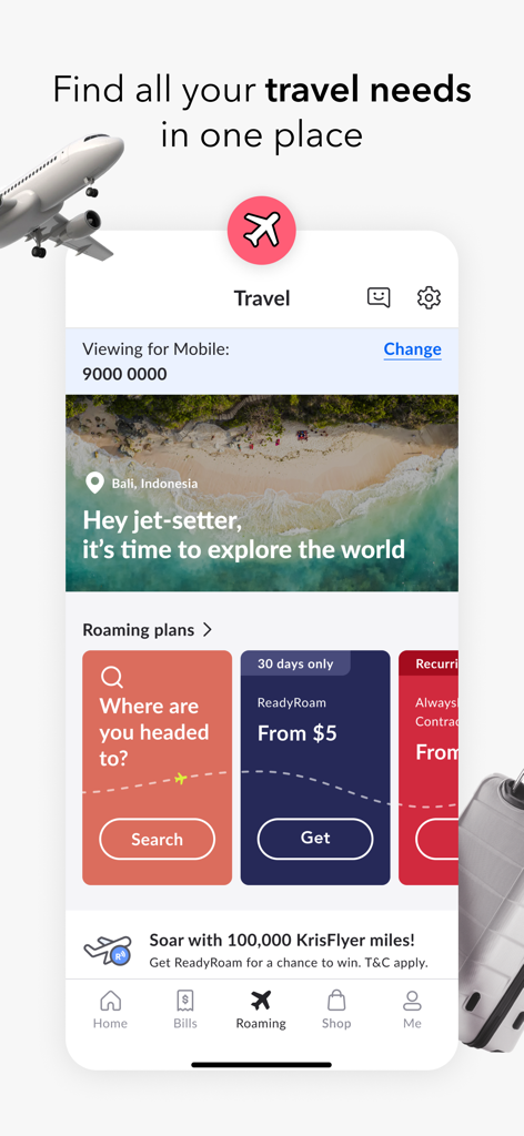 Interfaccia di viaggio dell'app My Singtel che mostra i piani di roaming internazionale e la promozione miglia KrisFlyer