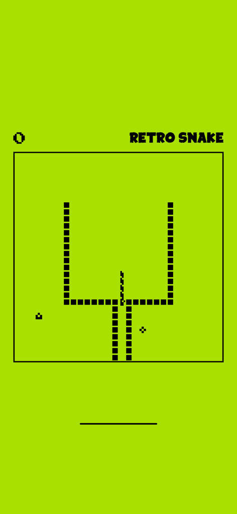 Jogabilidade minimalista em pixel art do Retro Snake com um fundo verde.