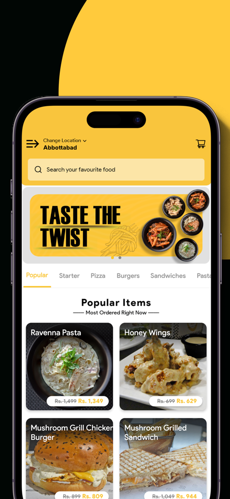 Food Planet Pk - User interface of the Food Planet Pk app displaying a variety of popular food items and categories