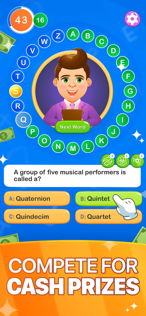 Next Word: Alphabet Cash Quiz - Mobile gameplay of Next Word Alphabet Cash Quiz showing a trivia question about musical performers and a compete for cash prizes banner