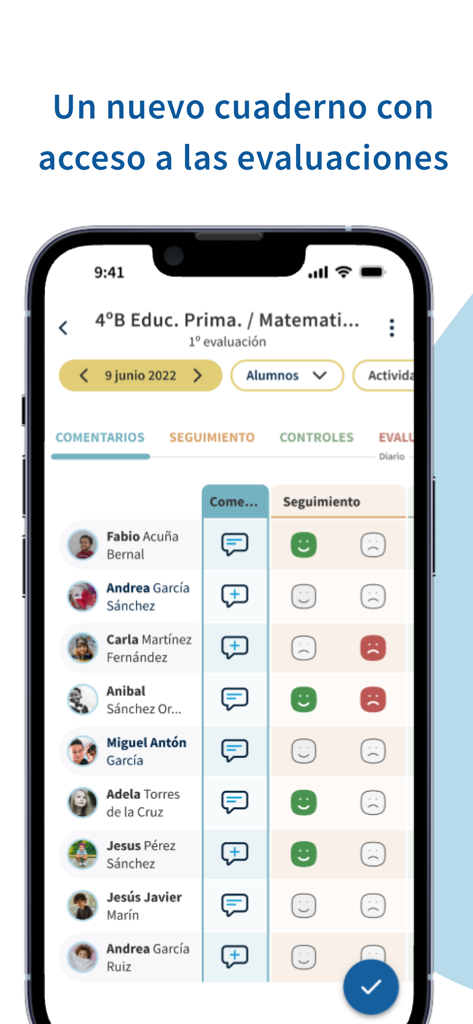 Interface da aplicação iSeneca mostrando um diário de professor para avaliação e acompanhamento de alunos