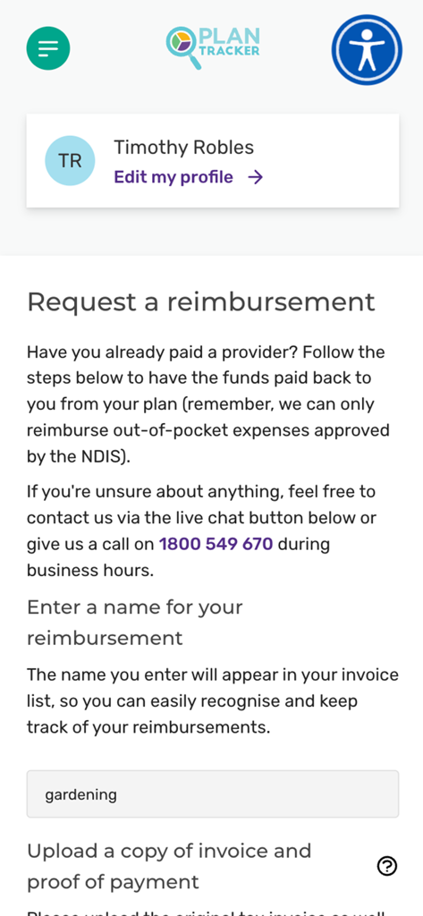 Plan Tracker Portal app screen for submitting an NDIS reimbursement request for gardening services