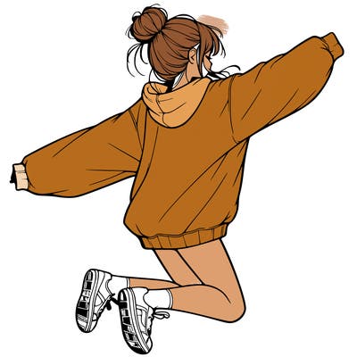 realistic girl jumping with a bun and oversized sweatshirt