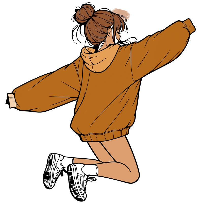realistic girl jumping with a bun and oversized sweatshirt