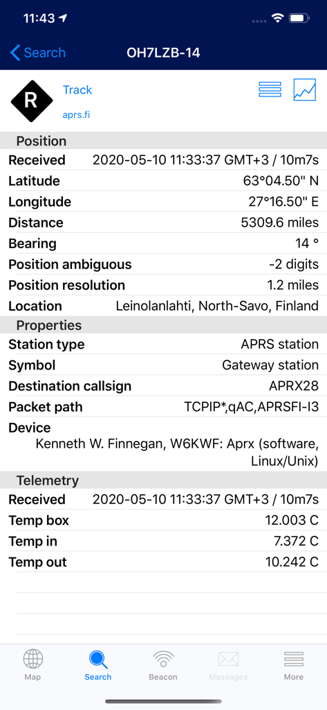 Información técnica detallada de una estación de radioaficionados en la aplicación aprs.fi que muestra datos de posición, propiedades de la estación y gráficos de telemetría.