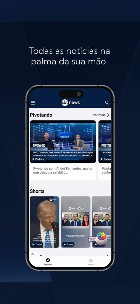 SBT News - Interfaz móvil de la aplicación SBT News mostrando podcasts de video y clips de noticias cortas