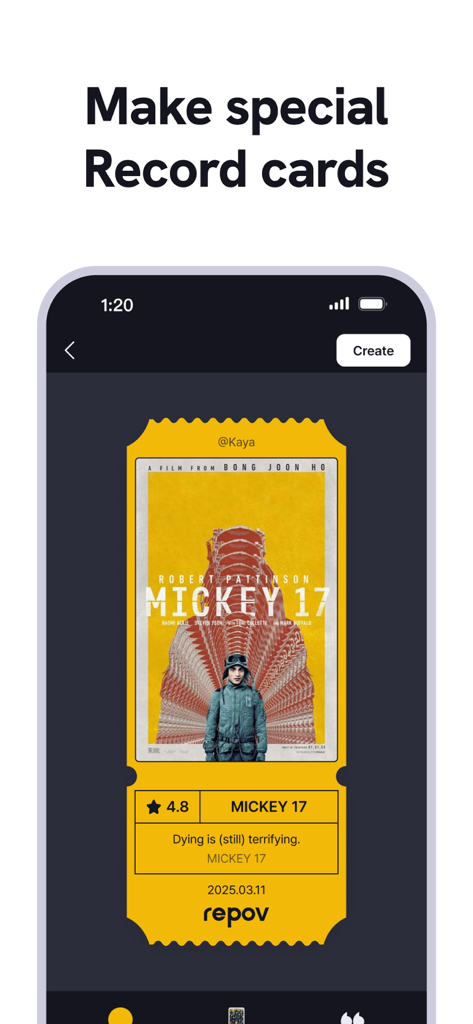 Tarjeta de registro de repov app con diseño de boleto de cine para Mickey 17