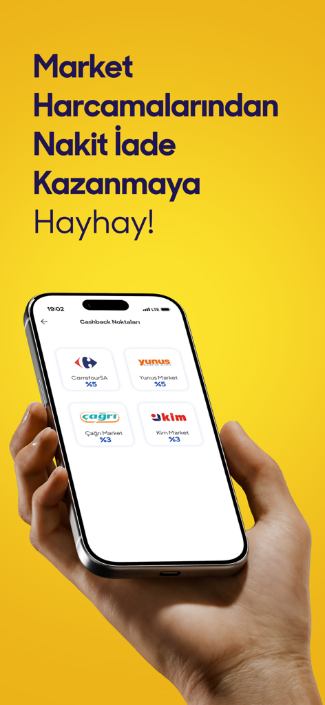 Hayhay Cüzdan & Fatura Ödeme - Smartphone displaying cashback percentages for various Turkish grocery stores in the Hayhay app