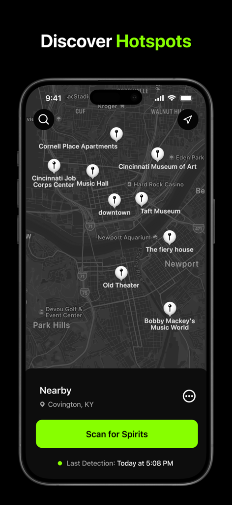 Interface mostrando um mapa com pinos para locais assombrados e um botão de escaneamento de espíritos.