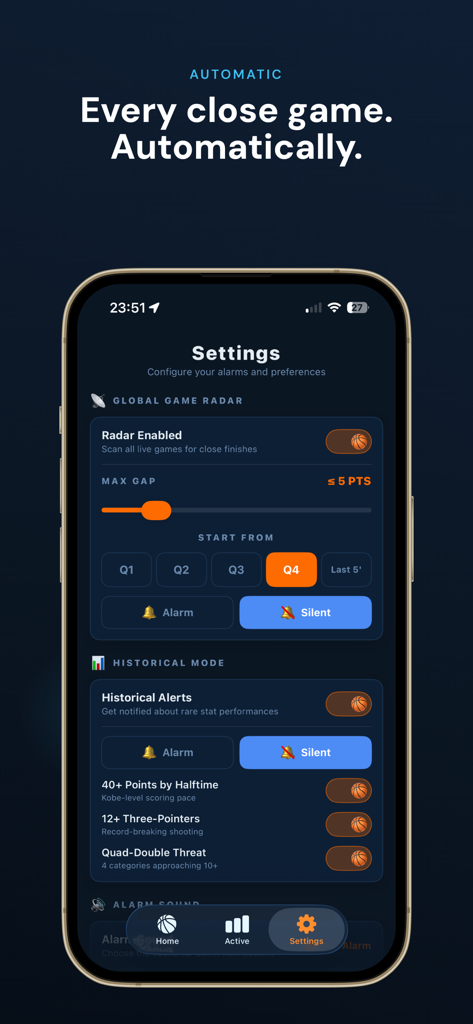 Clutch Alarm - Settings screen of the Clutch Alarm app showing Global Game Radar and Historical Mode configurations for NBA games