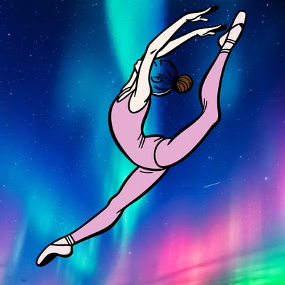 gymnast doing a leap in a leotard with a bent back leg