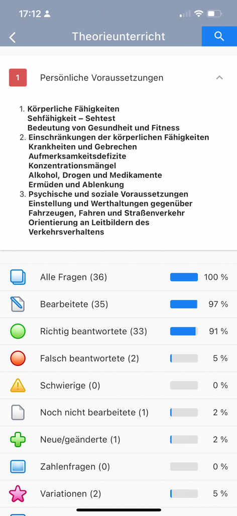 Fahrschule.de 2026 - Screenshot der Fahrschule App, der theoretische Lektionsthemen und Statistiken zum Lernfortschritt anzeigt
