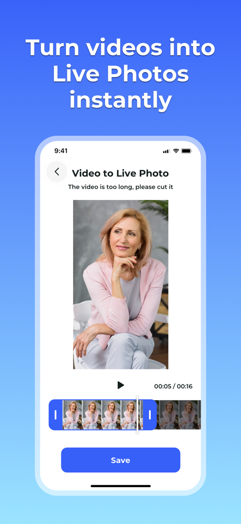 Screenshot of the Pixel Cleaner app demonstrating the feature to convert videos into Live Photos with an easy to use trimming tool.