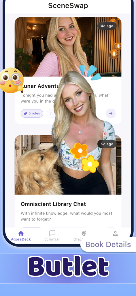 Swiya - Easy & Fun - Aplicación móvil Swiya mostrando la pantalla SceneSwap con indicaciones creativas de juego de roles y retratos de personajes para la expresión anónima.