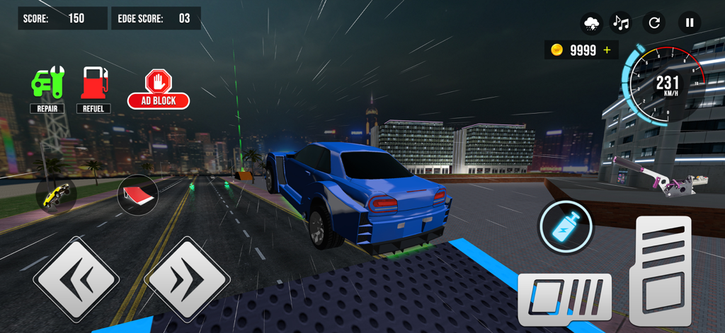 Night Drive 3D Simulator - Coche deportivo azul saltando de una rampa en un entorno urbano nocturno lluvioso