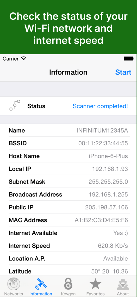 WiFiAudit Pro - WiFi Passwords - WiFiAudit Pro app interface showing detailed network status and internet speed information
