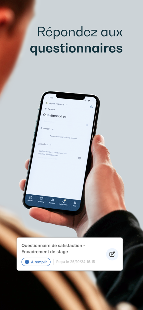 Edusign Student - A person holding a smartphone showing the Edusign Student app questionnaire interface with a satisfaction survey notification