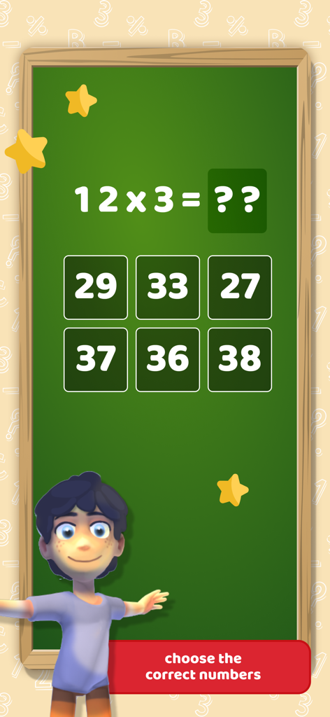 Math Games - 4 Operations - Educational math game interface showing a multiplication problem on a blackboard with multiple choice answers.