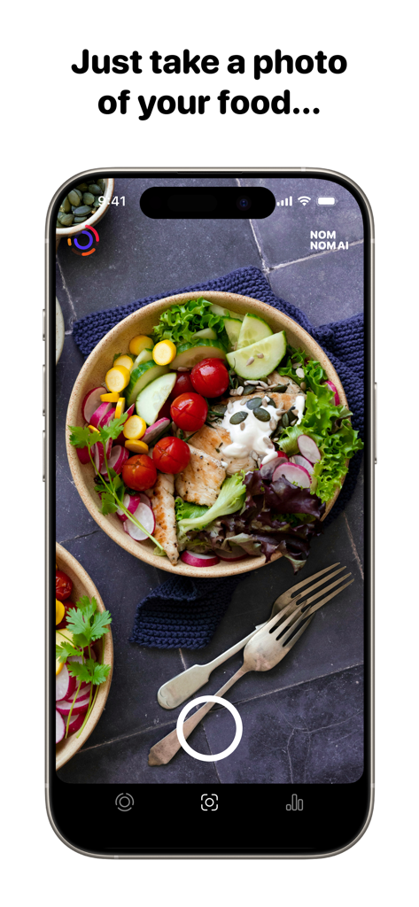 NomNom AI - Calorie Tracker - Scattare una foto di un pasto sano con l'interfaccia dell'app contatore calorico NomNom AI.