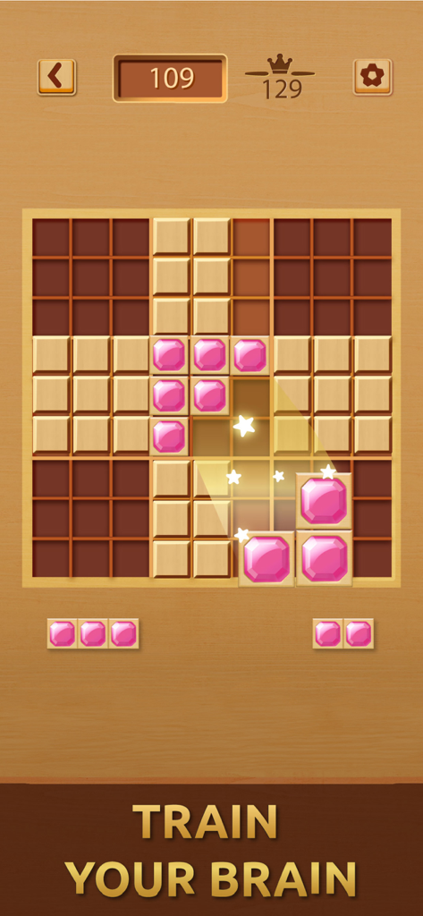 Gemdoku: Wood Block Puzzle - Captura de pantalla de jugabilidad del rompecabezas de bloques de madera Gemdoku con gemas rosas y la leyenda Entrena tu Cerebro
