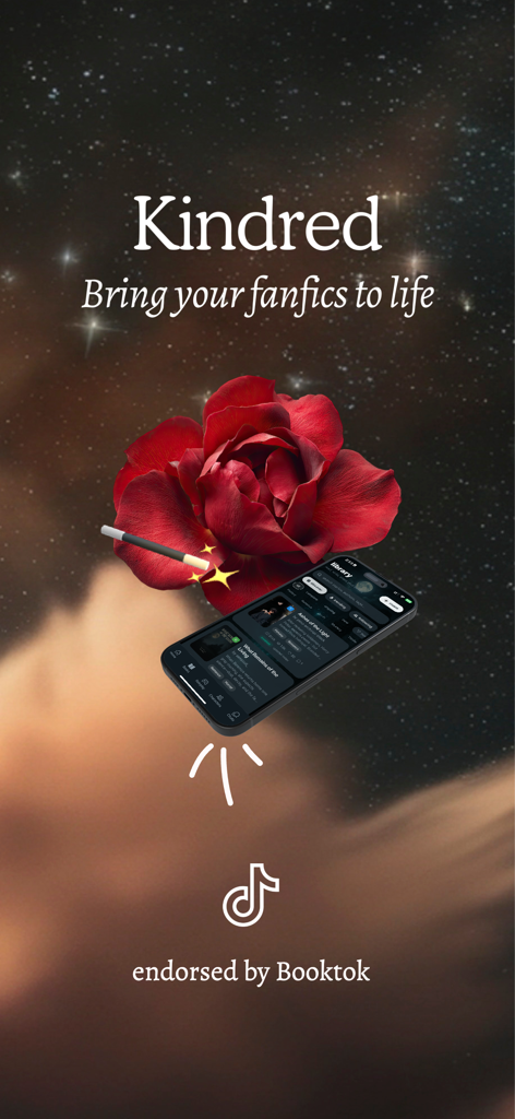 Promotional graphic for Kindred app featuring a red rose and magic wand against a starry sky with a Booktok endorsement.