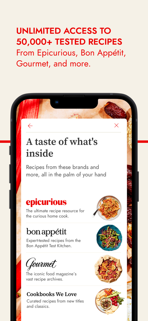Epicurious app screen showing recipe collections from Bon Appetit and Gourmet.