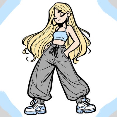 girl in baggy pants crop top and long hair