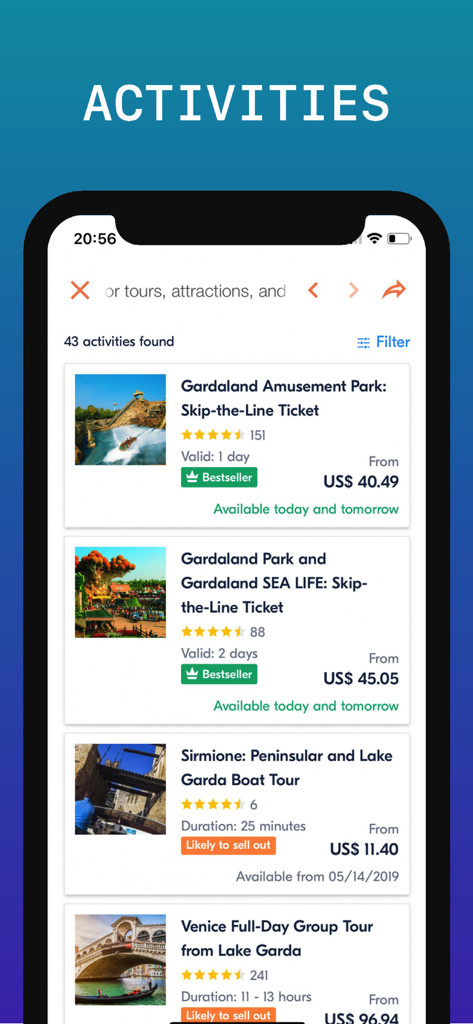 Lake Garda Travel Guide - A list of bookable activities and tours in the Lake Garda Travel Guide app with prices and ratings.