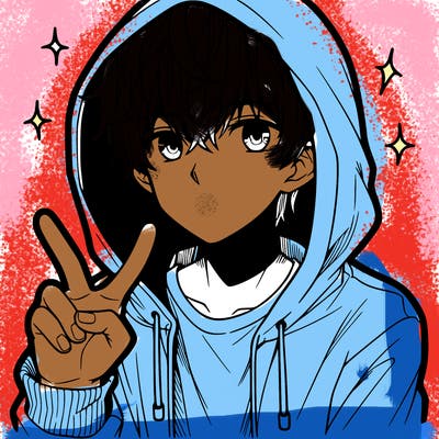 teenage manga boy in a hoodie, doing ✌