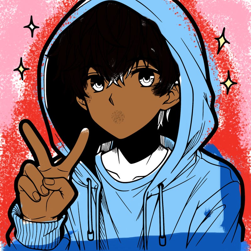 teenage manga boy in a hoodie, doing ✌