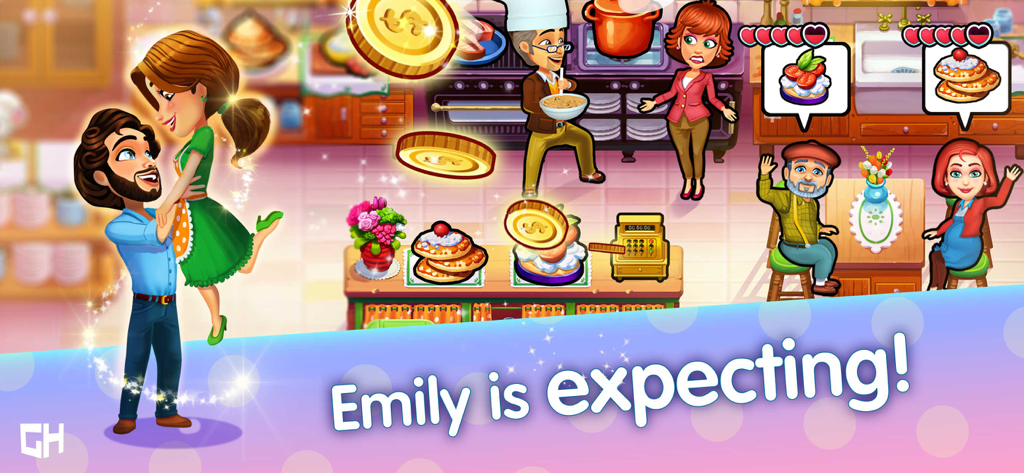 Emily und Patrick feiern ihre Schwangerschaft in einer belebten Restaurantküche aus dem Handyspiel Delicious Miracle of Life.