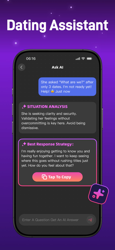 Chatterly app interface showing AI analysis and suggested response for a dating conversation
