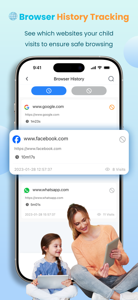 KidsGuard Pro-Parental Control - A mobile app interface displaying browser history tracking with a mother and child using tablets.