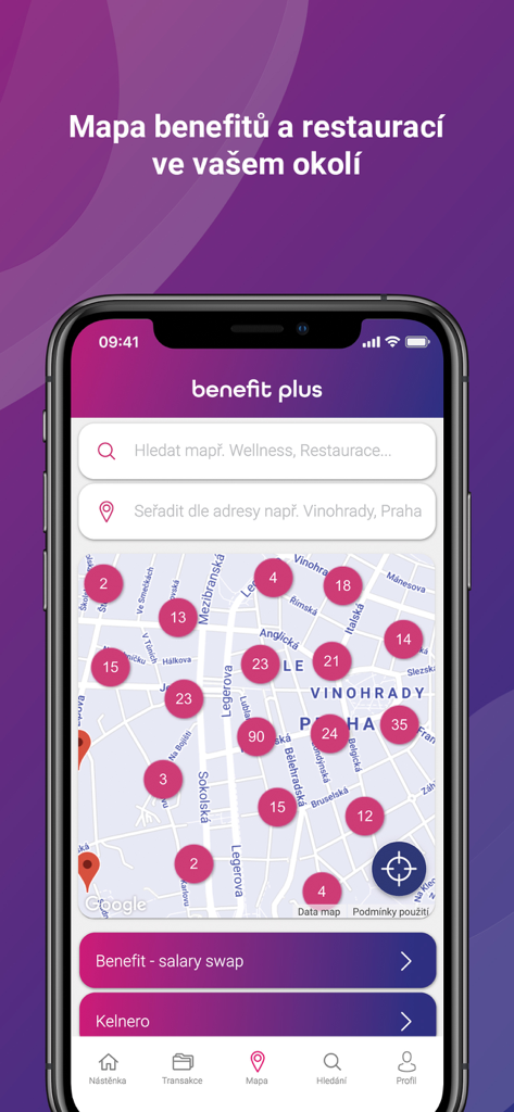 Map of nearby benefit partners and restaurants in the Benefit Plus mobile app