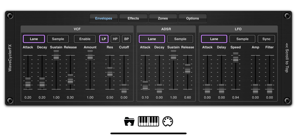 EvolverFX AUv3 Audio Plugin - The envelopes control interface of the EvolverFX AUv3 Audio Plugin showing VCF ADSR and LFO synthesizer settings